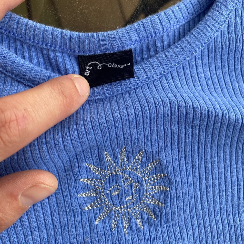 Art Class Blue Ribbed Top with Sun Embroidery